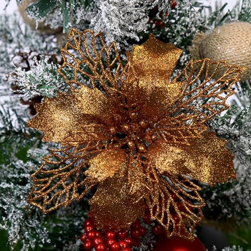 Anevous 6 Stück Glitzer Weihnachten Blumen, Weihnachtsstern Künstliche Blumen, Deko Blumen Weihnachten Weihnachtsblumen Deko für Weihnachtsbaum, Ornamente, Hochzeit, 9cm,Bronze