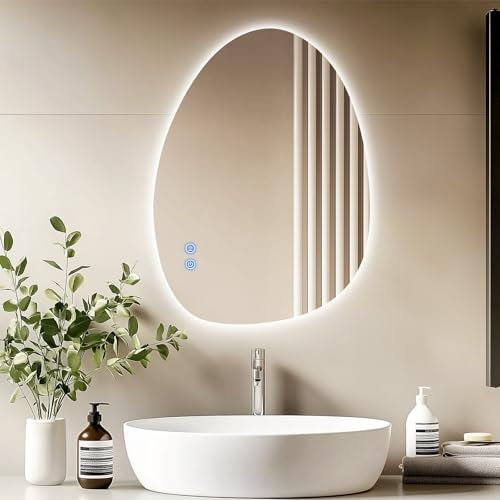 Trintion Spiegel Mit Beleuchtung, 75 X 55 cm Asymmetrischer Badspiegel Mit Beleuchtung Mit Touch-Schalter, Dimmbar, Beschlagfrei, 3 Lichtfarbe Einstellbare, Badezimmerspiegel, Badezimmer Spiegel