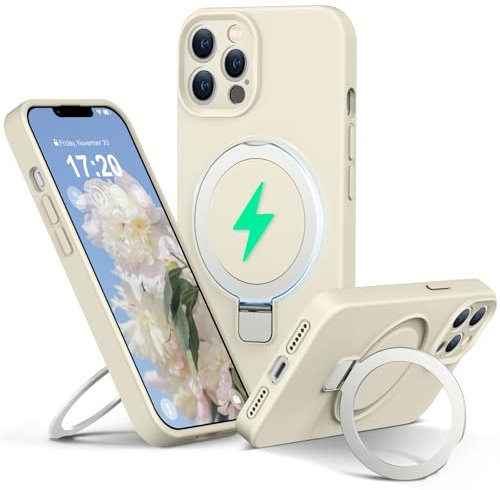 PuyaTeya Liquid Silicone Case for iPhone 12 pro max with Magnetic Ring Stand, Upgraded camera lens protection, Mil-Grade Drop Shockproof, Anti-Scratch Microfiber Lining Silicone Case(Beige)