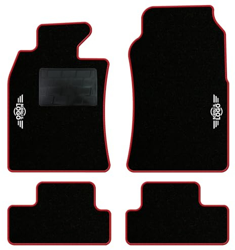 QUEMAR Autofußmatten kompatibel mit Mini R50 R52 Cabrio R53 2001–2007 / Set maßgeschneiderten fußmatten aus Teppich und Gummi/Personalisierte Stickereien und Farben (Rand Rot, 2 Stickereien)