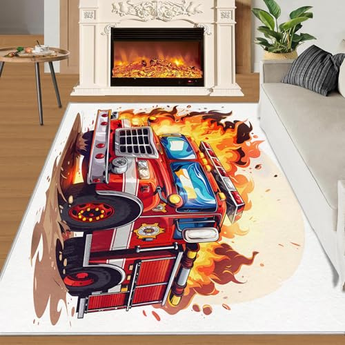 SANSJI Feuerwehr-Läufer-Teppich, 60 x 180 cm, Feuerwehrmann-Teppich, 3D-Feuerwehrauto, Küche, rutschfest, waschbar, Feuerwehrmann, weicher niedriger Flor, pflegeleicht, Teppiche für den Flur