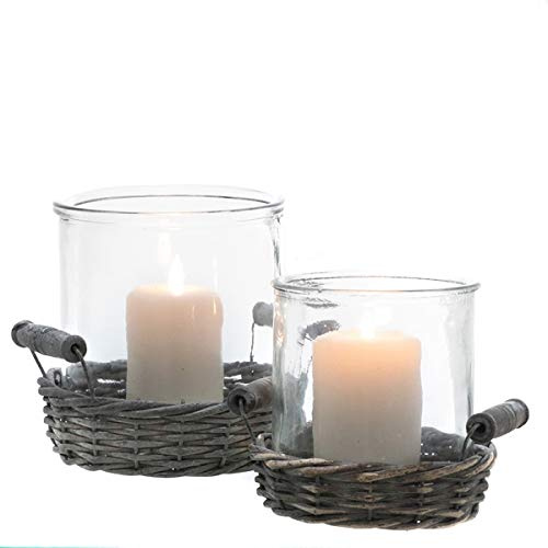 Arinosa Windlicht Kerzenhalter Set auf Weidenkorbteller 11 und 13 cm hoch