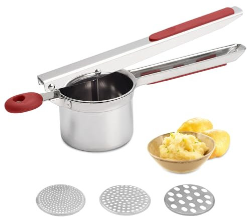 Kartoffelpresse, große, robuste Kartoffelpresse aus Edelstahl, 425 ML, zum Stampfen und Pressen von Kartoffeln, Küchenwerkzeug, Presse für Kartoffelpüree (Red-3Discs)