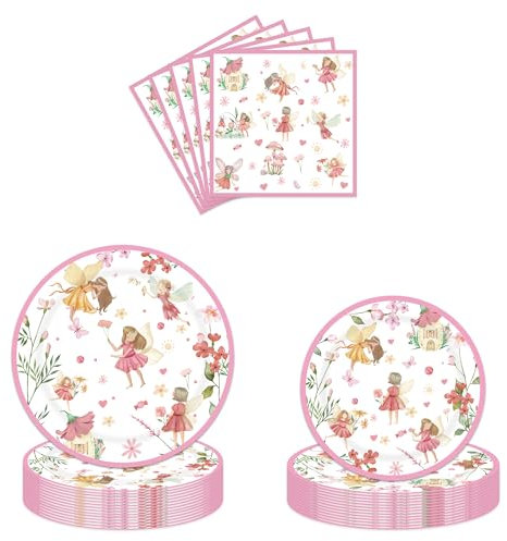 Fairy Birthday Party Tableware Set - 96 Pcs Pink Flower Fairy Plates Napkins Party Decoration Supplies For Girls Kids Butterfly Theme Birthday Favors Tableware Decorations Serve 24 Guest