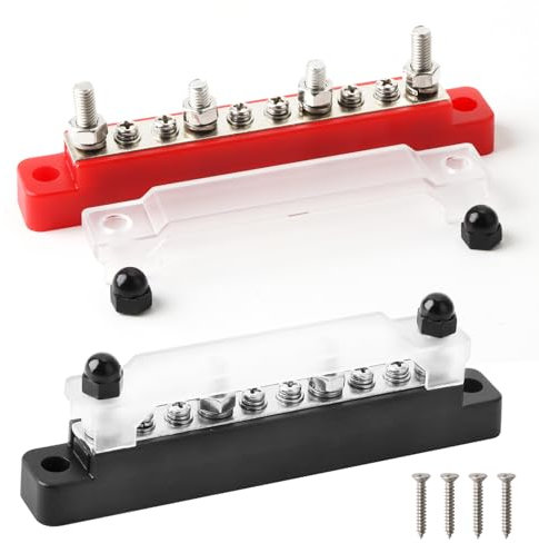 2PCS DC Busbar Power Distribution Block 12V-48V Bus Bar with Cover 6 x M4 Studs Bus Bar Terminal Block for Cars RVs Boat Marine Solar System (Red, Black)