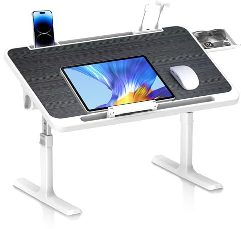 Huracan Tavolino da Letto, Tavolo Laptop Pieghevole, Regolabile in Altezza und Angolo, con 3 Interfaccia USB, Cassetto, Slot per Tazza, scrivania da letto, tavolo da letto per Divano, Pavimento(Nero)