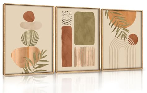 ANHUIB Boho Wandbilder Modern Minimalistische Poster Bohemian Wandkunst Wandbilder Wohnzimmer Salbeigrün Abstrakte Geometrische Leinwand Bilder Poster 3er Set mit Rahmen Für Schlafzimmer Bad 30×40cm