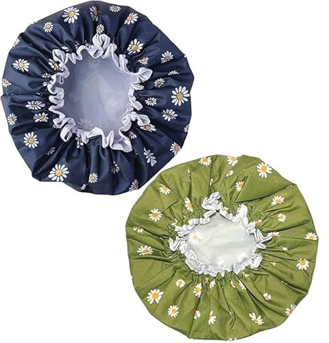 SARG Premium Double Layer Shower Caps, Navy Blue and Green with Floral Pattern, Elasticated Edge - Reusable Shower Cap for Hair - Waterproof Plastic Cap - For Long, Short and Curly Hairs (Pack of 2)