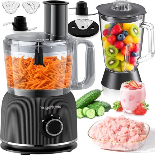 1500W Food Processor and Blender Combo, 2.5L Food Chopper for Meat, Vegetable and Dough, 2L Glass Jar Blender with 2 Speeds and Pulse for Smoothie, Nutrient Extractions, and More