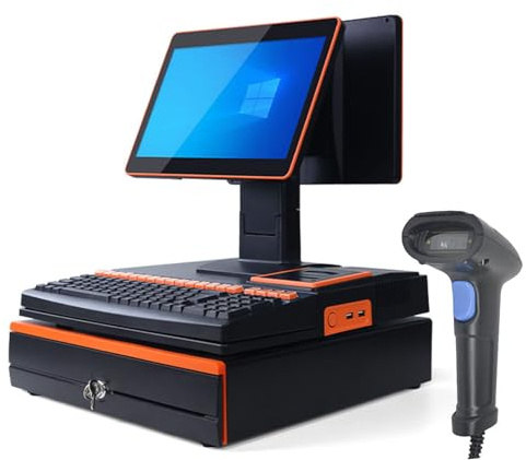 BEESOM Caisse Enregistreuse à écran Tactile,Caisse Enregistreuse Tout-en-Un, Double écran 15,6,Imprimante Rapide + Scanner, Interfaces Riches (USB/LAN) Supermarché/Grand Magasin Double