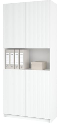 Vladon Büroschrank Rivo, Made in Germany, Aktenschrank mit 4 geriffelten Türen & Soft-Close, Aufbewahrungsschrank für Büro, Home Office & Wohnzimmer Weiß matt/Weiß matt (82 x 184 x 37 cm)