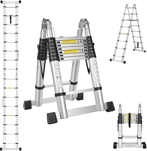 STANEW Échelle télescopique en Aluminium 5m(2.5+2.5), Echelle Pliante 2 en 1, Escabeau Télescopique, Échelle Pliable avec Travail à l'intérieur et à l'extérieur, Charge 150 kg, Argenté