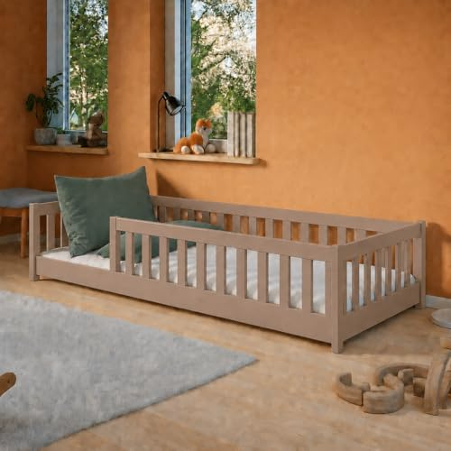 Kids Collective Kinderbett Bodenbett 90x190 cm mit Rausfallschutz, Matratze & Lattenrost Montessori Bett Bed Gitterbett Kinder Jugendbett Einzelbett | Milchschokolade
