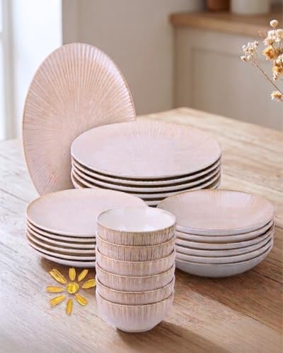 BRICARD Amilly Servizio Piatti 25 Pezzi – Set Piatti 6 Persone Color Crema. Piatti Porcellana con Ciotole e Piatto Ovale Portata, Piatti Moderni e Piatti Colorati, per Lavastoviglie, Microonde, Forno