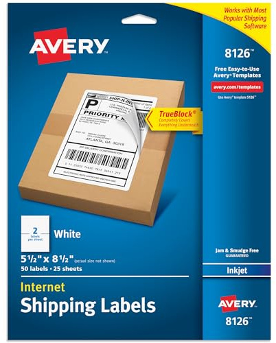 Avery Half-Sheet Printable Shipping Labels, 5.5 x 8.5 Customizable Stickers, White, 50 Blank Mailing Labels, Great for Mailing, Shipping, Organizing, and More (8126)