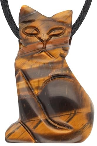 Lebensquelle Plus Katzenanhänger | Edelstein Tieranhänger Katzen | Gebohrter Anhänger mit Baumwollband (Tigerauge)