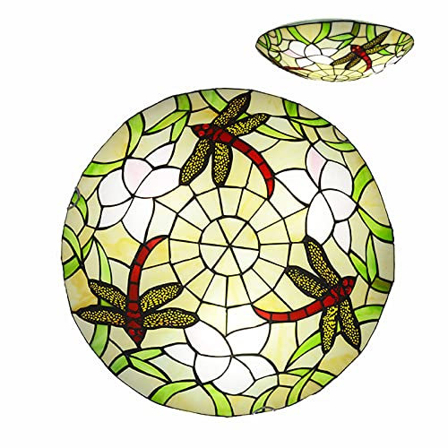 BAJEKO 12 Inch 2-Light Pastoral Dimmable Tiffany Flush Mount Ceiling Light, Antique Dragonfly Style Green Liaison Flower Stained Glass Ceiling Lamp for Hallway Kitchen Island Dining Room