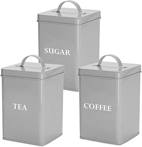 andrew james Tea Coffee Sugar Canisters Set for Home or Office, Vintage Style Kitchen Storage Set, Rust Resistant Powder Coated Tea Caddies, Store Coffee Granules Teabags Sugar