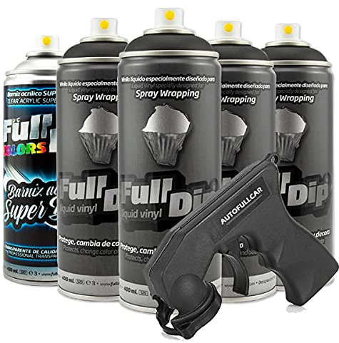 AutoFullCar PACK LLANTAS - VINILO LIQUIDO FULL DIP - 4 SPRAYS NEGRO 1 SPRAY BARNIZ ACABADO BRILLO - 400ml. Unidad