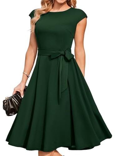DRESSTELLS Robe Cocktail Mariage Vintage Robe Casual Femme Robe de Soiree Femme Robe baptême col Rond Manches Courtes Vert foncé 2XL