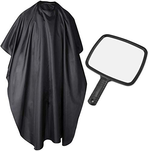 TRIXES Espejo de Mano y Bata barbero para Peluquerías- Amplio ángulo de Visión Espacio Reflectante - Bata Unisex de Cuerpo Entero - para salón Profesional y Uso doméstico - Negra