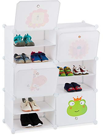 Relaxdays Schuhregal Kinder, 12 Fächer für 24 Paar, Tiermotive, erweiterbares Steckregal HxBxT: 95 x 84 x 31,5 cm, weiß