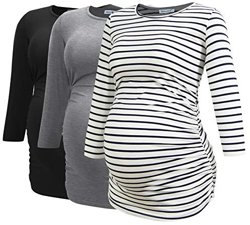 Smallshow Damen Schwanger Mutterschaft Oberteile 3/4 Ärmel Umstandsshirts Schwangere Tops Schwangerschafts Umstandstop 3er Pack