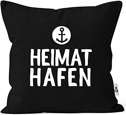 MoonWorks® Kissenbezug Aufschrift Heimathafen Anker Geschenk Partner Familie Freunde maritimes Motiv schwarz Unisize