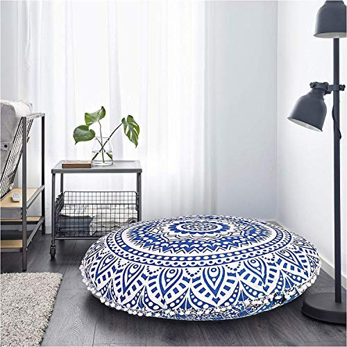 Radhykrishnafashions Indian 32 Large Hippie Mandala Floor Pillow Cover Cushion Cover Round Bohemian Yoga Decor Floor Cushion Case (Blue Ombbra)