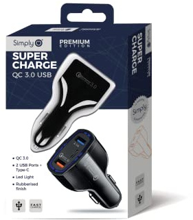 Simply SUSB05 Einzelner Typ-C-Slot & Dual USBQC 3.0 5 V/2.1 A Super Fast Charge Autoladegerät mit LED-Lichtanzeige für Apple Android und andere USB-Geräte