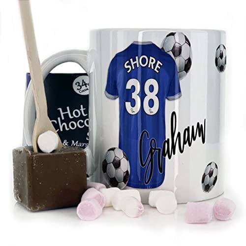 Hairyworm Personalised Mug and Belgian Milk Chocolate/Hot Chocolate Stirrer Marshmallow Gift Set, Customised with Name/Number/Text, (11oz) White, Blue, Black, Pink Mug with Blue Stripe Football Shirt