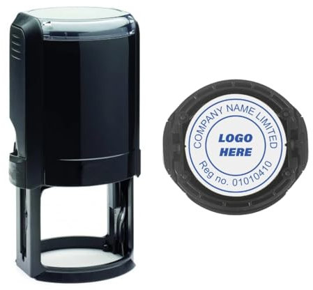 Company Logo Custom Made 42mm Circular Self Inking Stamp - Your own Business Logo and Text Stamp in Blue Ink
