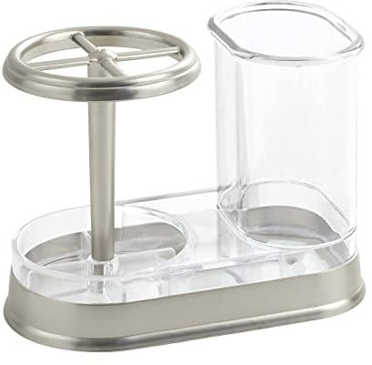 mDesign Decorative Bathroom Dental Storage Organizer Holder Stand for Electric Spin Toothbrush/Toothpaste - Compact Design for Countertop and Vanity, Holds 4 Standard Brushes - Clear/Brushed