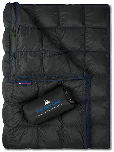 Get Out Gear Double Puffy Campingdecke – Extra Puffy, Packbar, Leicht und Warm | Ideal für Outdoor, Reisen, Stadion, Festivals, Strand, Hängematte | Wasserabweisende Campingdecke (Schwarz/Blau)