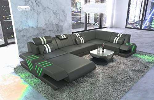 Wohnlandschaft Venedig U Form Sofa in Leder - mit LED Beleuchtung, verstellbare Kopfstützen, Recamiere/Lederfarben wählbar/Ausrichtung wählbar (Ottomane Links, Grau-Weiß)