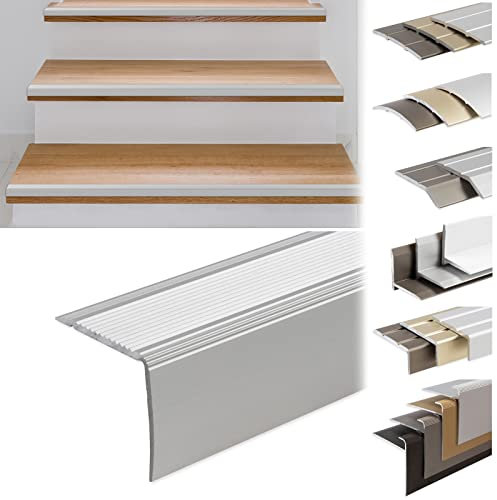 KARAT Treppenkantenprofil in L-Form aus Aluminium 1 Stück, 134x3x2cm | Vorgebohrt | Silber für Parkett und Laminat | Inkl. Montagematerial | Stufenkantenprofil in 3 Längen & 4 Farben Integral