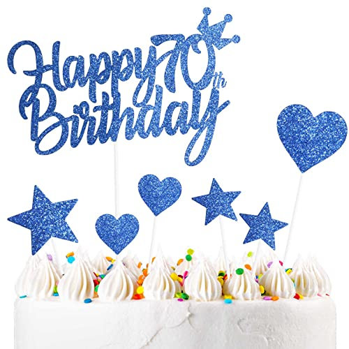 Personalisierte Kuchendekoration zum 70. Geburtstag, Kuchendekorationen, Blau für Jungen, Männer, Mädchen, Frauen, Kinder, doppelseitiger Glitzer-Cupcake-Topper, Kuchendekoration, Party, Zubehör