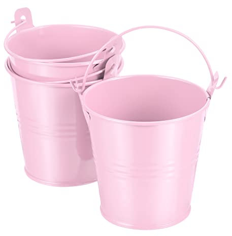 PATIKIL 3 Height Mini Metal Bucket, 3 Pack Colorful Metal Succulents Pot Party Decorative Pails with Handles for Small Succulents, Pink