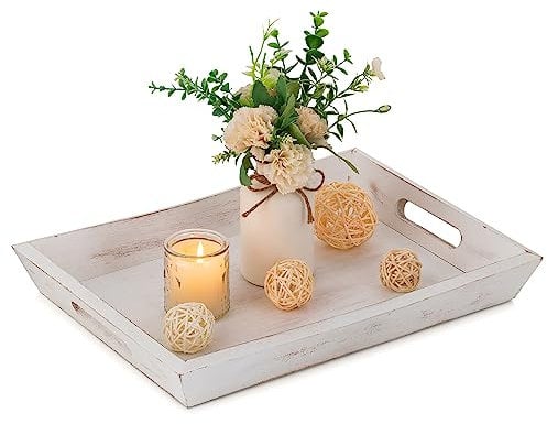 Hanobe Decorative Wooden Serving Tray: Rustic Wood Ottoman Trays for Coffee Table Rectangular Tray with Handles for Living Room Kitchen Home Decor, White