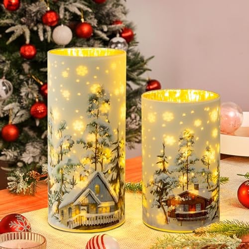 MJ PREMIER Christmas Battery Operated Table Lamps, Set of 2 Christmas Decor Indoor, christmas table decoration, Battery Operated LED Lights, Glass Shade with Christmas Trees, Snowflakes (Snow White)