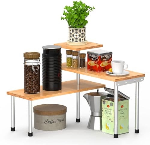 Wuciray Porta Spezie Per Cucina Portaspezie da appoggio Mensola Angolare cucina Appoggi Corner Spice Rack Organizer in Bambù 3 Ripiani con 4 ganci laterali