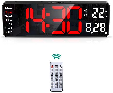 ORIA Digitale Wanduhr, 13'' Großes LED Wanduhr, LED Tischuhr Wecker mit Fernbedienung, Datums/Uhrzeit/Temperatur, Helligkeitsdimmer, Timer, 2 Alarme, (3,5 m USB-Kabel Inbegriffen)