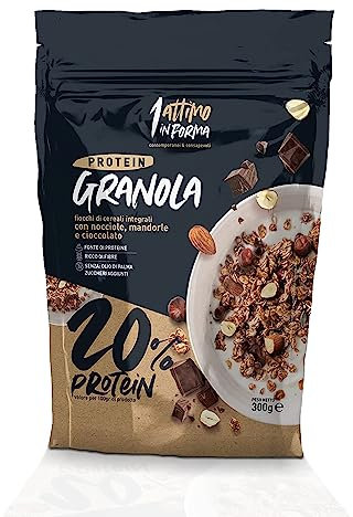 1 Attimo in Forma | Granola Proteica 21% Senza Zuccheri Aggiunti 300 grammi - Ricca di Fibre Croccante Colazione Nutriente (4 Confezioni, Cioccolato Mandorla e Nocciola)