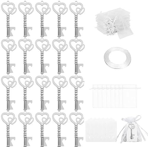 Ruspela Vintage Key Bottle Opener, 20pcs Wedding Party Favor Souvenir Gift Set Bottle Opener with Drawstring Bag Blank Tag for Guests