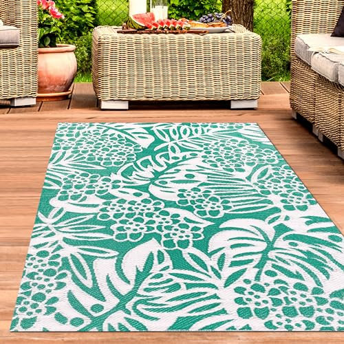 CARPETIA Outdoor Teppich wetterfest Kunststoff recycelbar Picknick Camping Strand Gartenteppich wendbar Polypropylen Blätter Petrol 180 x 280 cm