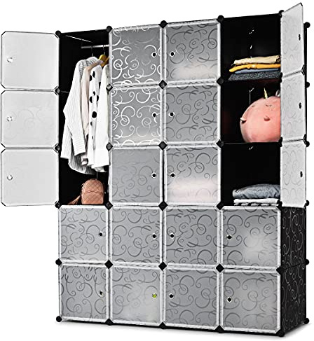 GOPLUS Armoire Penderie Portable, Étagère de Rangement Modulable en Plastique, Bricolées & Empilables avec Portes, Crochets, Dispositif Anti-Renversement pour Chambre (20 Cubes)