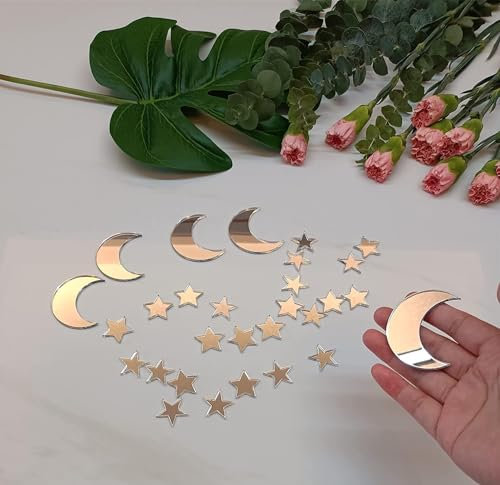 26pcs Acryl Mond Stern Tortenaufleger,Willkommen in der Welt Twink Stern Tortendekorationen Babyshower Tortenaufleger (Mirror Pieces, Silver Mirror)