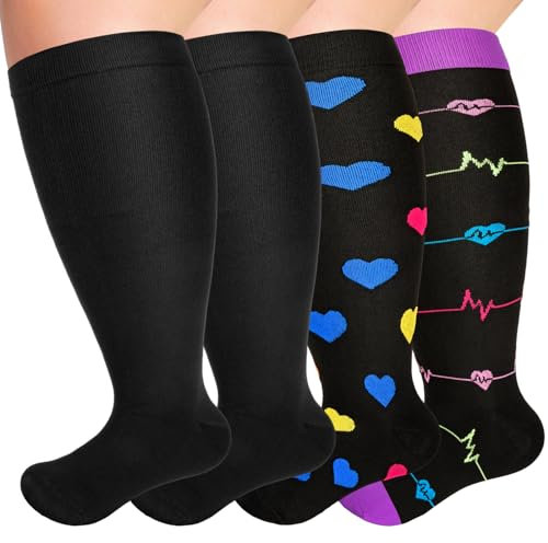 NEWIROVE 4Paires Chaussettes Compression Grande Taille Chaussettes Contention Homme Femme Bas De Contention Sport Chaussettes De Compression Pour Avion Voyage Grossesse，Style-Cœur 4XL