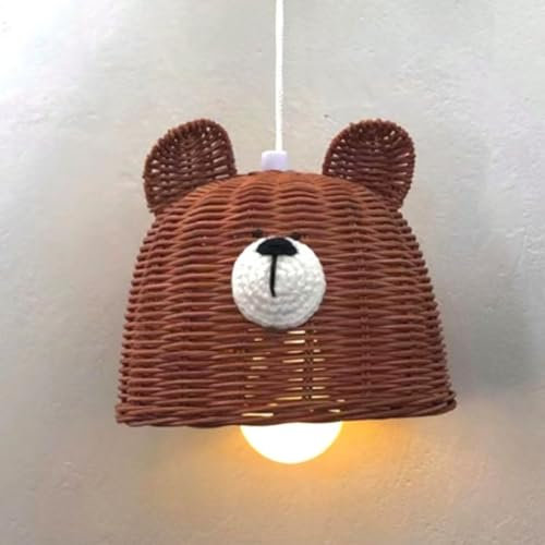 GUANSHAN Kleiner Bär Rattan gewebte Pendelleuchte Kindliche Bär Pendelleuchte Netter Bär Kopf hängender Licht Kronleuchter batteriebetrieben für Schlafzimmer, Kinderzimmer, Bettzelt, im Freien