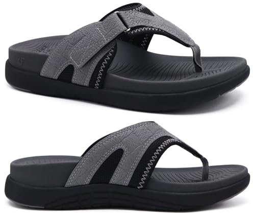 COFACE Mens Flip Flops with Arch Support Comfortable Leather Beach Sandals for Men Orthopedic Thick Cuhsion Adjustable Man Flip-flop Outdoor Size 10 grey